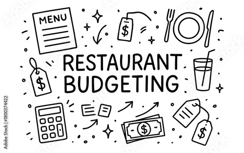Restaurant budgeting concept with doodle icons and currency symbols for financial planning