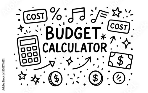 Budget calculator doodle with financial symbols and currency elements