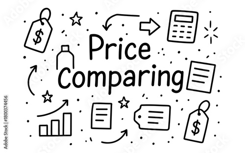 Hand drawn price comparing concept with icons and doodles