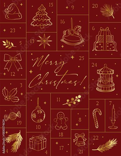 Elegant Christmas advent calendar line art illustration.Minimalist line art advent calendar with Christmas icons on a red background. Gold outline festive elements such as gifts, ornaments