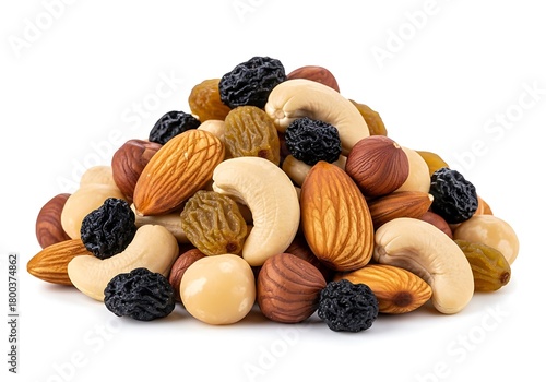 A pile of mixed nuts and dried fruit isolated on white background