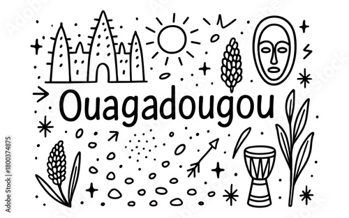 Hand drawn ouagadougou theme with tribal elements and symbols