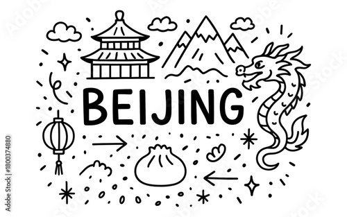 Beijing doodle with temple, dragon, dumpling, and mountains, hand-drawn style