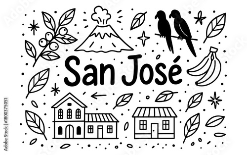 San josé doodle: tropical nature, culture, and landmarks