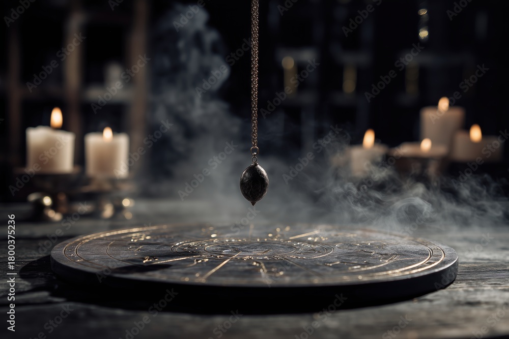 Obraz premium A pendulum swings above an ornate wooden board surrounded by flickering candles, shrouded in mystical smoke, evoking a sense of magical foresight.