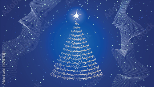 A glowing christmas tree abstract background made of white lights against a deep blue starry night sky - for cards