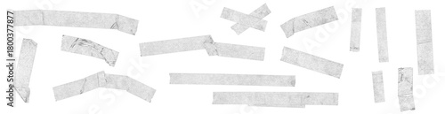 Realistic clear adhesive tape strips. Set of torn, wrinkled, and folded transparent tape pieces.