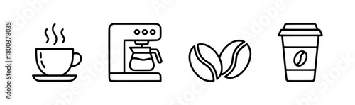 A simple black line art icon set for coffee lovers, illustrating the process from roasted bean to brewed beverage in a cup or machine