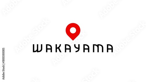 Japanese Wakayama prefecture name animation with map pin location icon symbol on white background