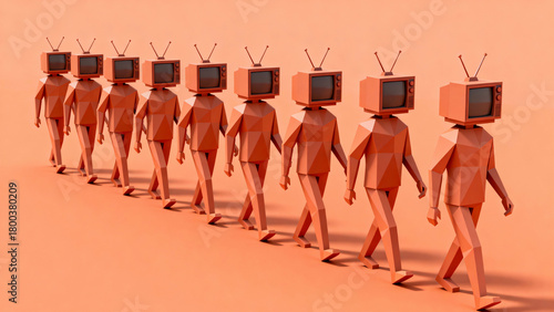 Group of people walking with an old television instead of head. Control and manipulation of mass media. Television audience. Copy space.