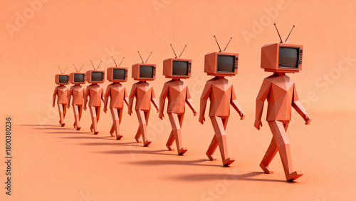 Group of people walking with an old television instead of head. Control and manipulation of mass media. Television audience. Copy space.