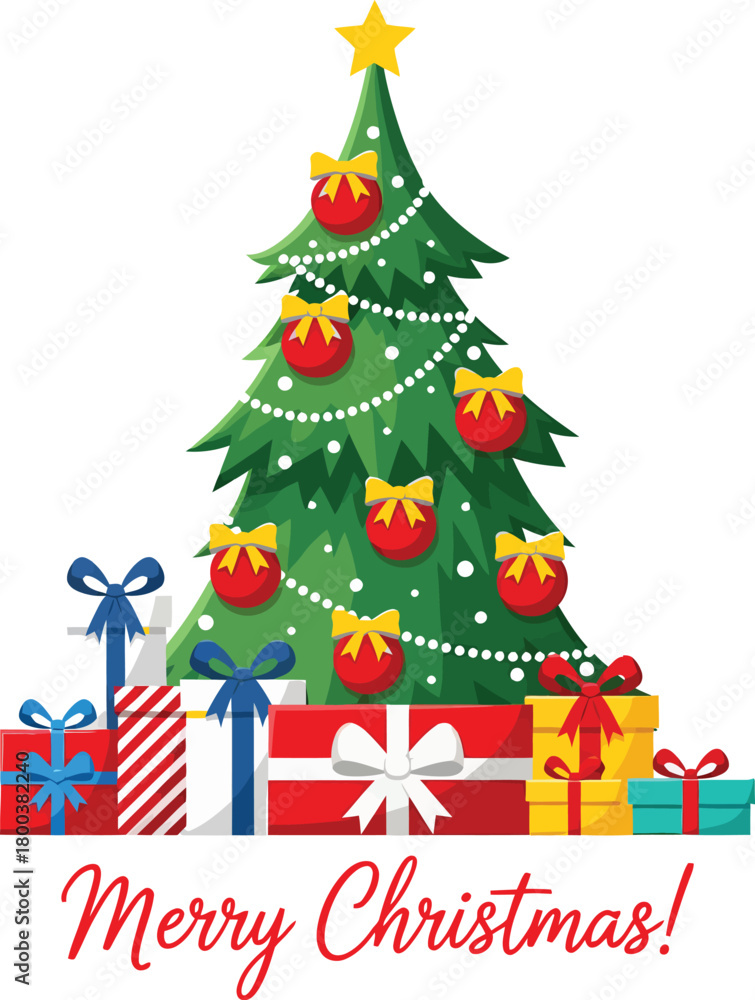 Naklejka premium Decorated christmas tree with presents and merry christmas text