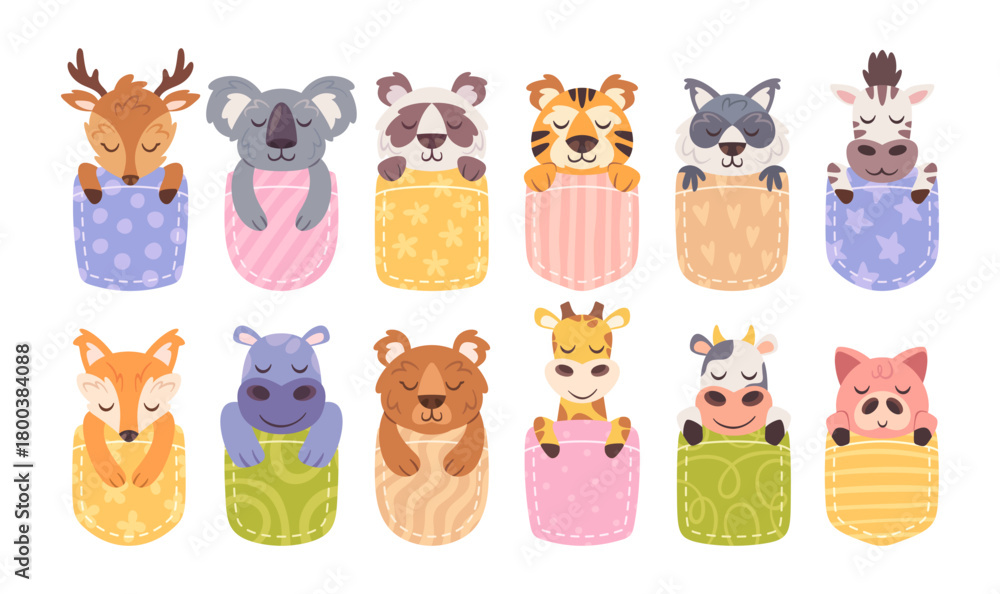 Obraz premium Cute adorable cartoon animals sleeping peacefully under warm stitched blankets isolated set