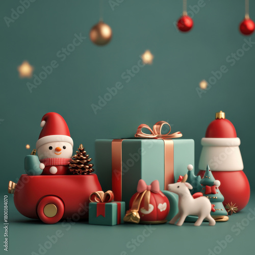3D render of a cute snowman Santa in a car surrounded by Christmas gifts. Joyful.