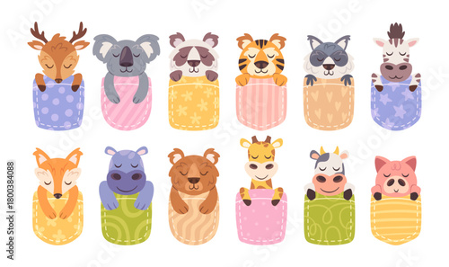 Cute adorable cartoon animals sleeping peacefully under warm stitched blankets isolated set