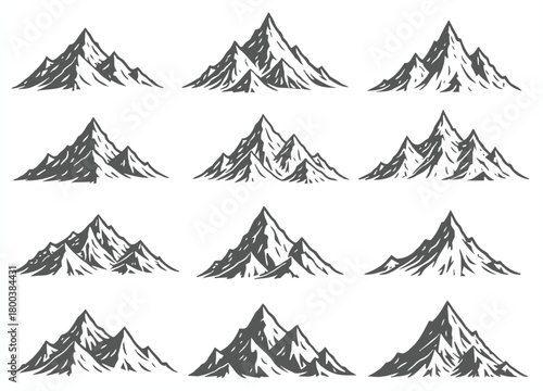Collection of twelve hand drawn sketch style mountain peaks isolated on white background
