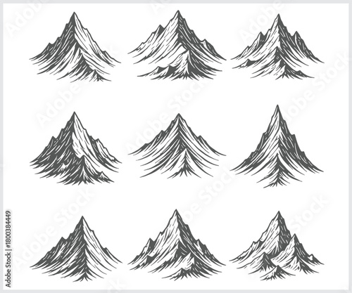 Collection of nine hand drawn sketch style mountain peaks with detailed texture and shading