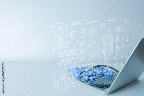 Fototapeta Naklejka Na Ścianę i Meble -  Electronic Health Record (EHR) concept. Stethoscope on laptop with virtual patient profile, body scan, and medical data. Digital health and futuristic technology with copy space.