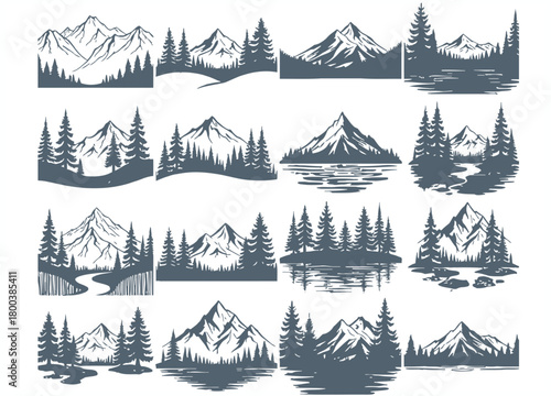 Collection of stylized mountain landscapes with pine trees and water reflections in a graphic art style