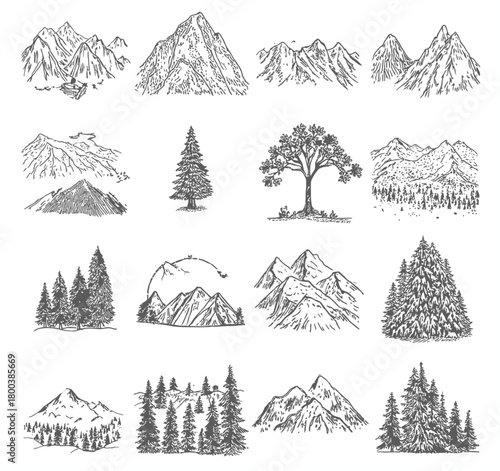 Collection of hand drawn mountain landscapes and forest scenes in sketchy line art style