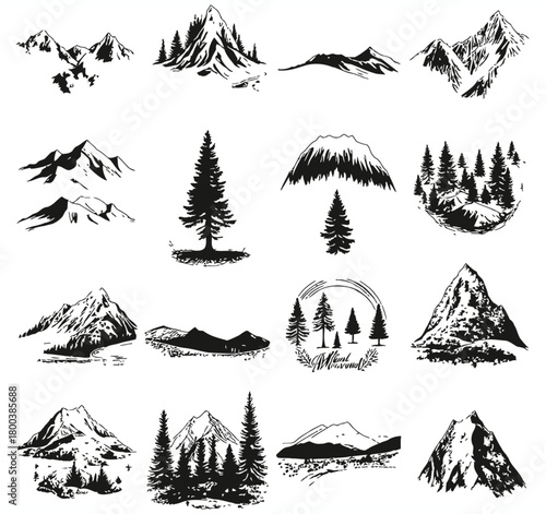 Collection of hand drawn black and white mountain landscapes and evergreen trees in a sketch style