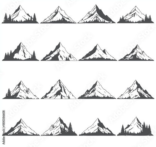 Collection of stylized mountain range silhouettes with evergreen trees against a white background