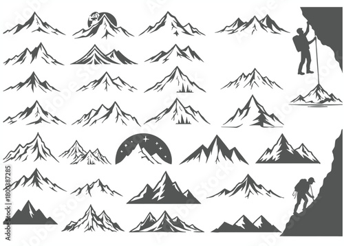 Collection of diverse mountain peaks and silhouettes with hikers and climbers