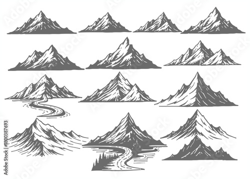 Collection of hand drawn mountain range illustrations in a vintage sketch style with various peaks and landscapes