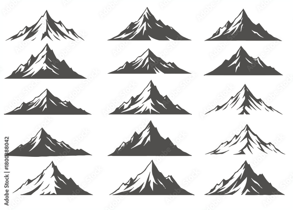 Obraz premium Collection of stylized mountain peaks in a graphic illustration style
