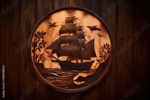 Wooden Relief of Sailing Ship