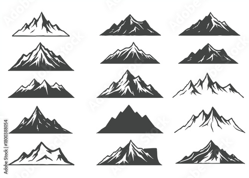 Collection of detailed mountain range silhouettes against a white background for outdoor adventure and nature themes