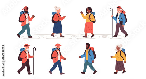 Vector Icons Set of Diverse Group of Hikers with Backpacks and Walking Sticks. EPS Editable