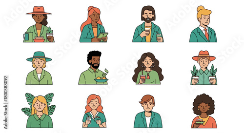 Vector Icons Set of Diverse Group of People Avatars with Green Accents and Nature Elements. EPS Editable