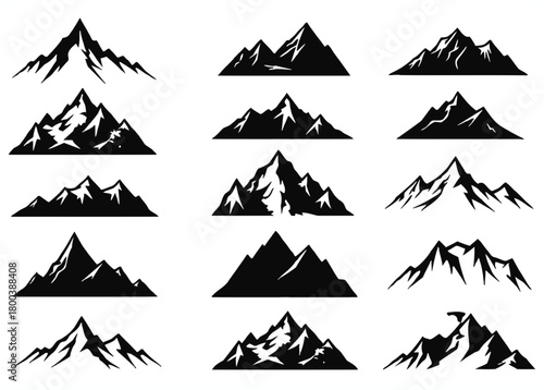 Collection of diverse black silhouette mountain range peaks and crests for graphic design and illustration