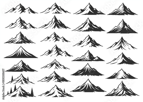 Collection of diverse hand drawn mountain peaks in black and white sketch style