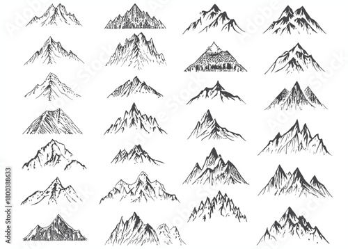 Collection of hand drawn mountain peaks and ranges in a minimalist sketch style