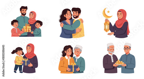 Vector Icons Set of Collection of Muslim Family and Community Scenes Celebrating Together. EPS Editable