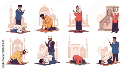 Vector Icons Set of Collection of Muslim people praying in different positions during Salah. EPS Editable