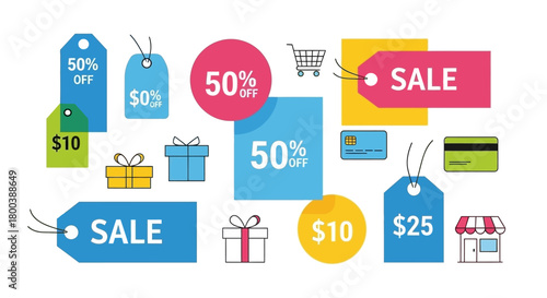 Vector Icons Set of Collection of Sale Tags and Shopping Icons for Retail Promotions. EPS Editable
