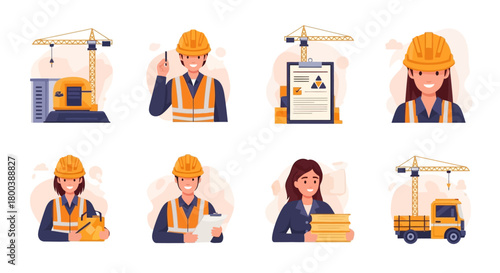 Vector Icons Set of Collection of Construction Workers and Equipment Icons. EPS Editable