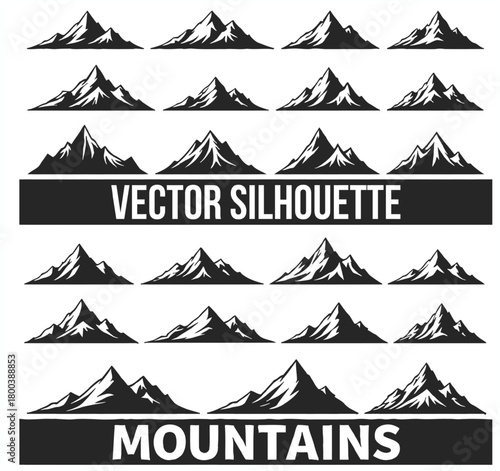 Collection of detailed mountain silhouettes in various shapes and sizes for design projects