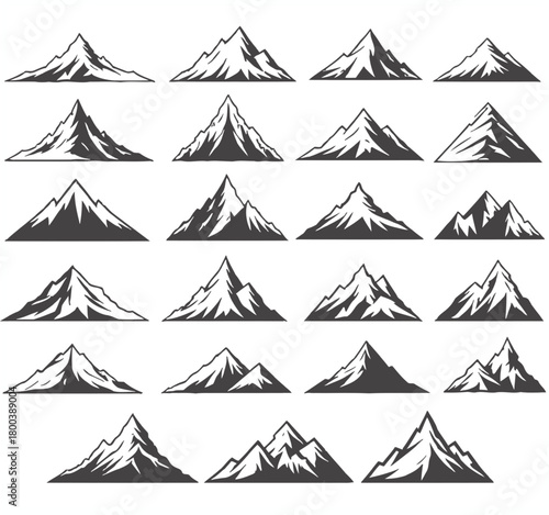 Collection of diverse mountain peaks in a stylized black and white illustration style