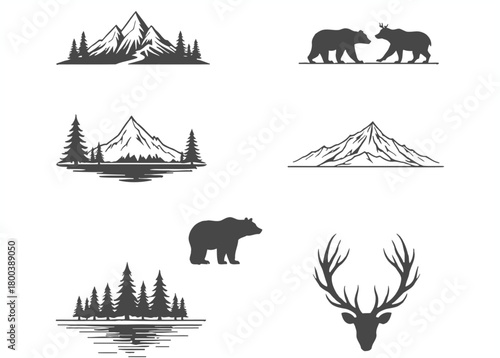 Collection of vintage style hand drawn mountain landscapes forest scenes and wildlife silhouettes