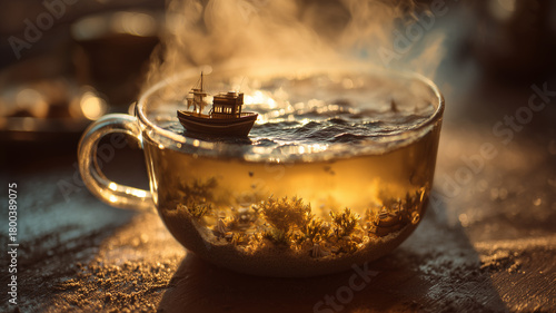 Surreal Tea Cup Ocean with Miniature Sailboats