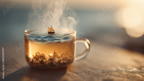 Surreal Tea Cup Ocean with Miniature Sailboats