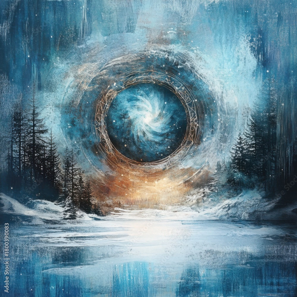 Fototapeta premium Conceptual abstract blending a winter theme with a cosmic vortex or energy field. Symbolizes celestial power and dynamic force.