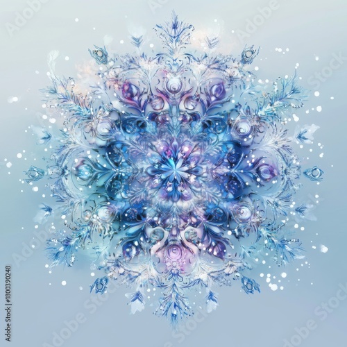 Magical, sparkling abstract background with a cluster of icy blue and white snowflakes and frost patterns. Ideal for winter and holiday themes.