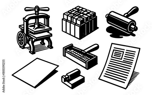 Retro printing tools and equipment in bold black silhouette style