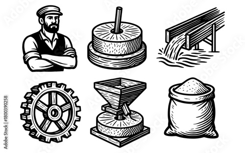 Vintage farming and milling elements in black and white engraving style