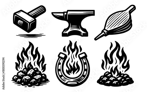 Traditional blacksmith tools and flames in vintage woodcut style
